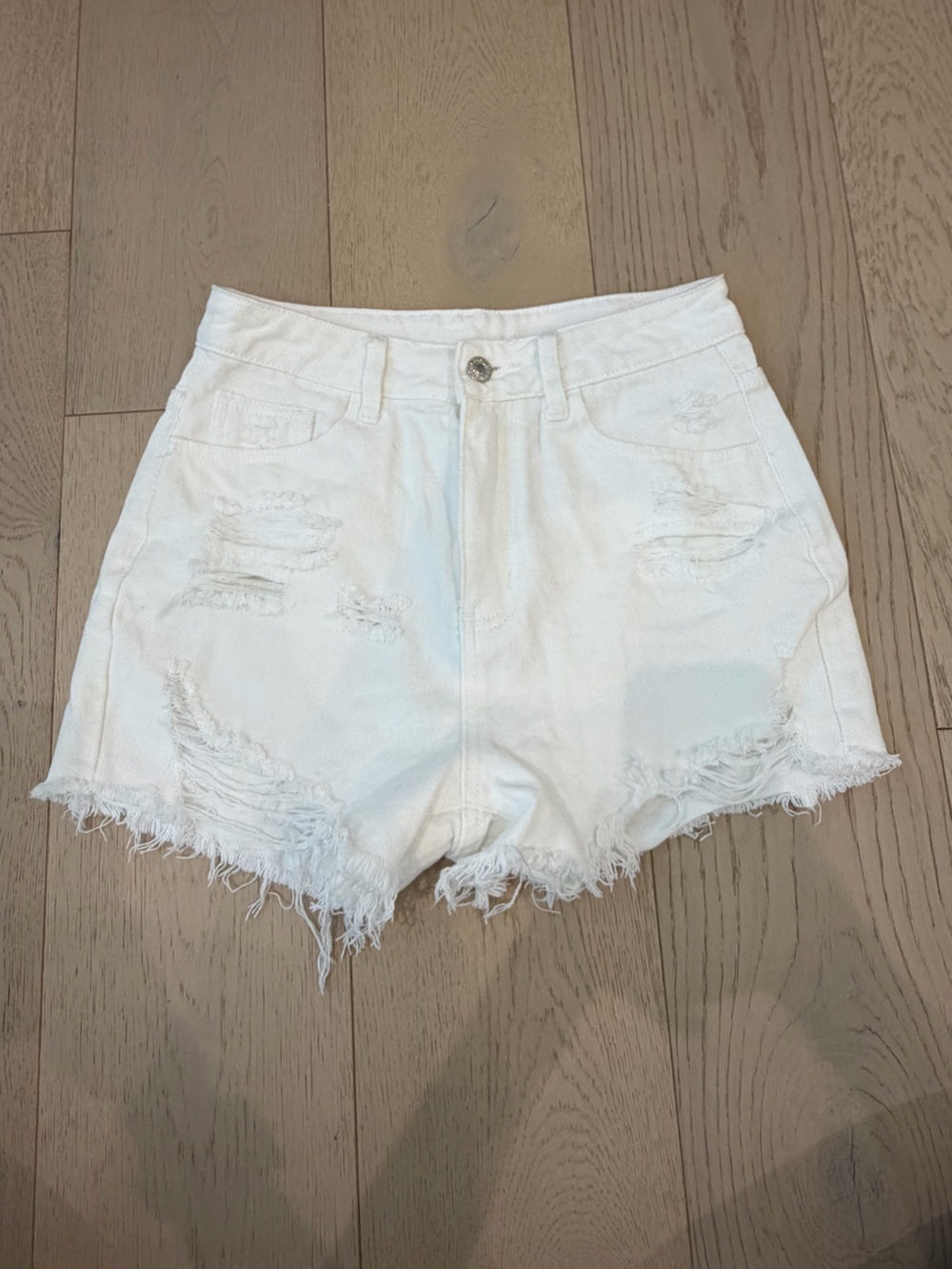 SHEIN White Distressed High-Rise Denim Shorts